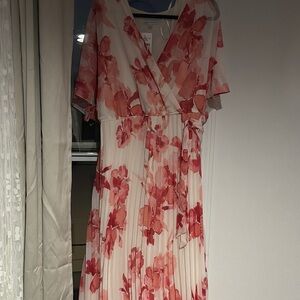 Sandra Darren Orange and Red Pleated Maxi Dress with Flutter Sleeves